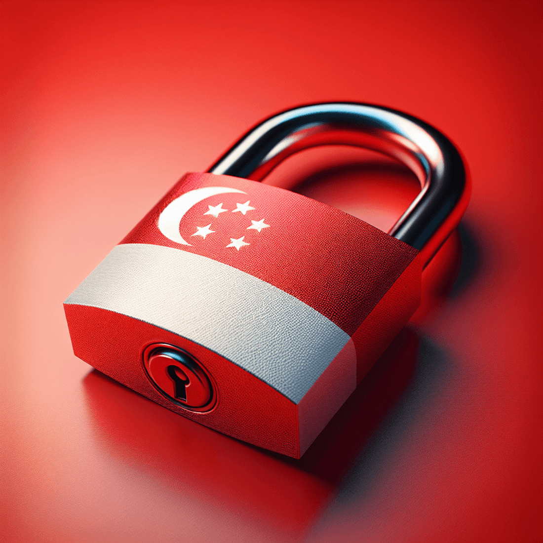 A close-up image of a sturdy padlock with the colors of the Singapore national flag - red and white.