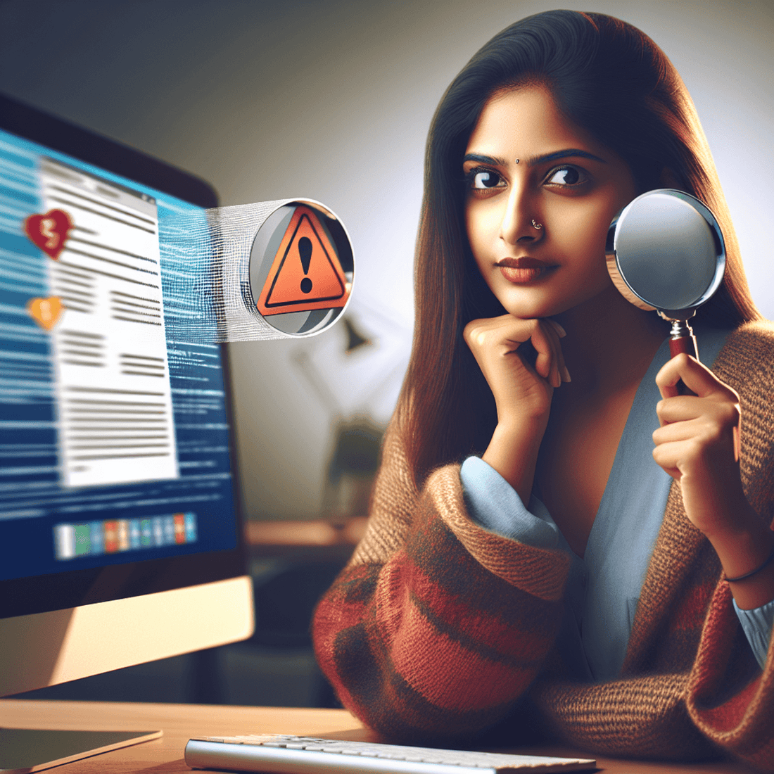 A woman of South Asian descent examines a computer screen with a magnifying glass, symbolizing online vigilance and the importance of being observant on the int