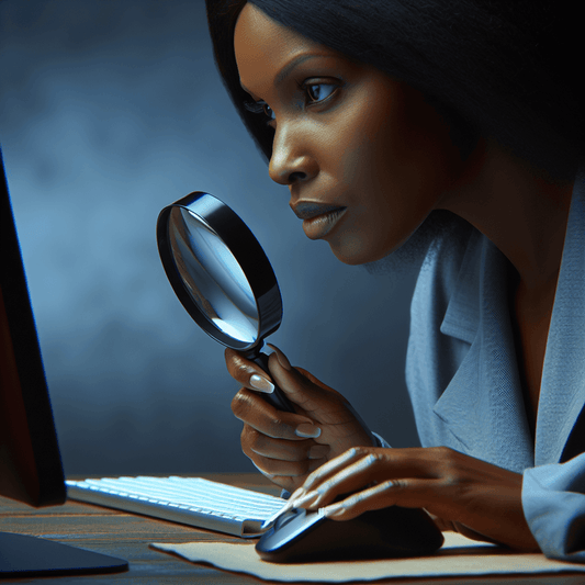 A woman examining an email on her computer screen with a magnifying glass.