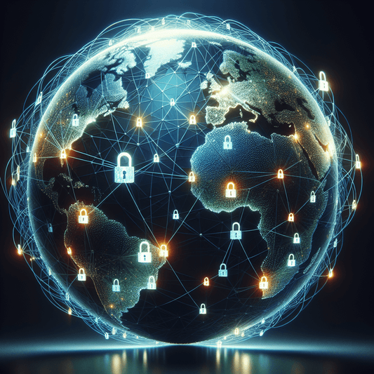 A globe with interconnected glowing lines and padlock symbols representing global collaboration and cybersecurity.