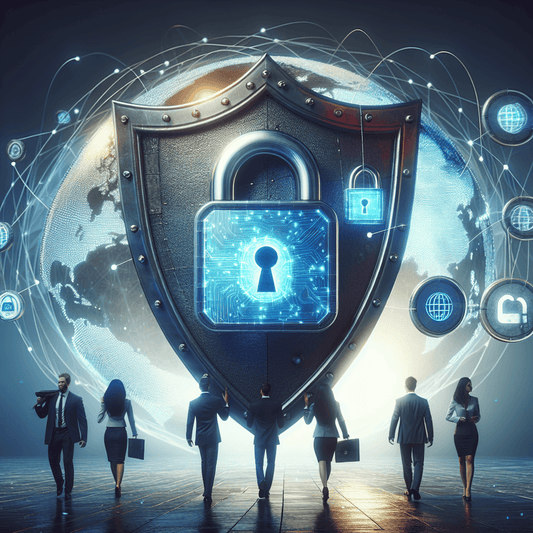 A diverse group of individuals holding a shield with lock and globe symbols to represent cybersecurity and global cooperation.