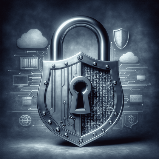 An image of a glossy metal padlock with a complex keyhole and binary code pattern etched onto its body, set against a backdrop of abstract cloud storage icons a