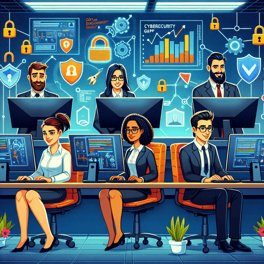 A vibrant cartoon-style illustration depicting four cybersecurity professionals collaborating in a well-lit office. A Hispanic female professional, a South Asia