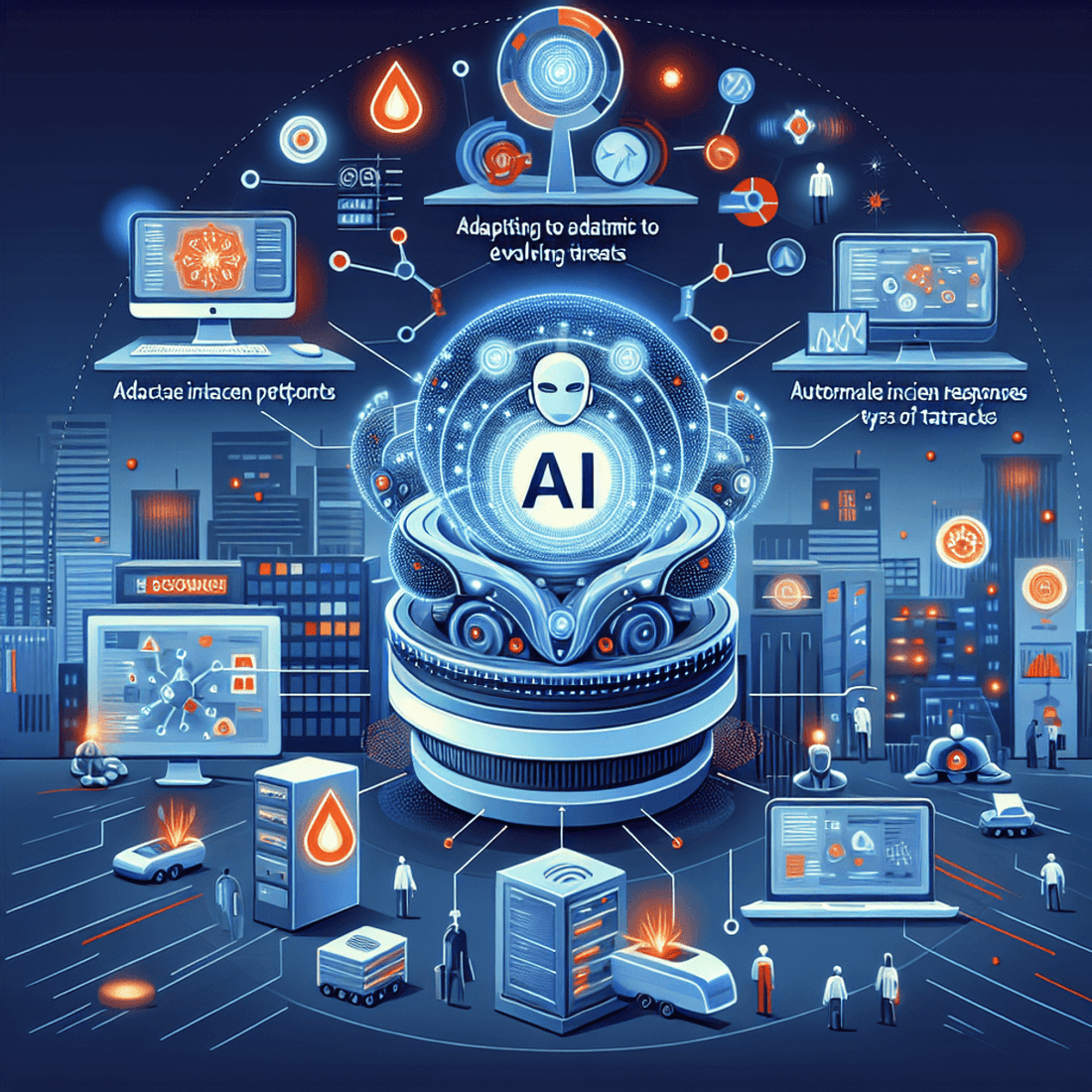 A digital art representation of a futuristic robot with a magnifying glass, symbolizing AI in cybersecurity.