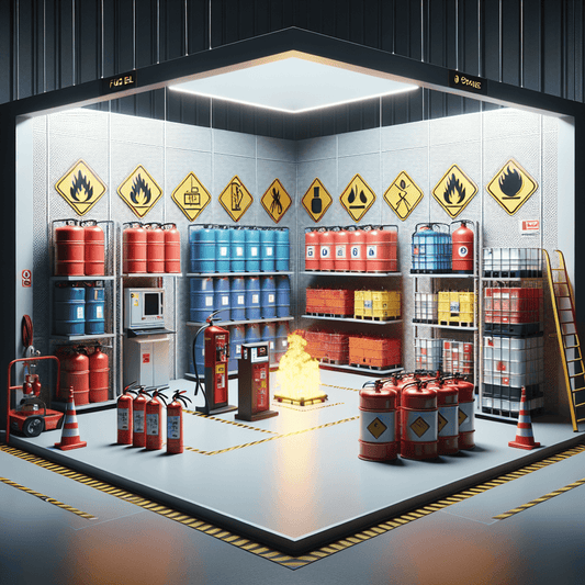 A 3D-rendered image of a safe fuel storage area featuring neatly arranged color-coded fuel containers, strategically placed fire safety equipment including exti