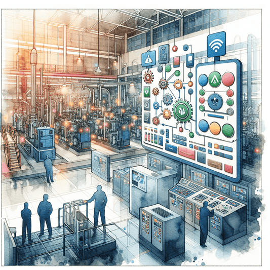 A watercolor illustration depicting an industrial environment filled with various types of machinery and equipment. Control panels with glowing digital interfac