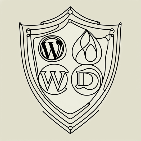 A shield with abstract symbols representing WordPress, Joomla, and Drupal.