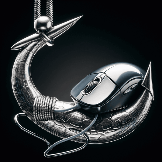 A shiny metal fishing hook with a wired computer mouse caught on the curved point.