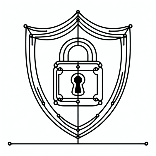 A continuous, one-line drawing of a classic shield with an oversized padlock at its center.