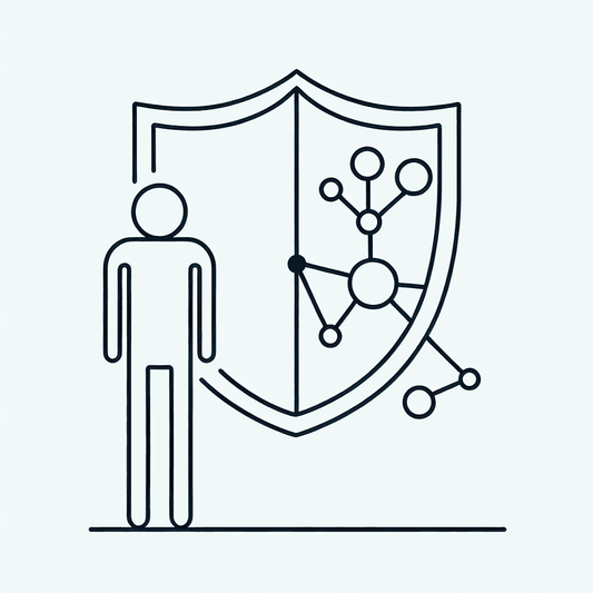 An abstract single line drawing showing a shield protecting two different shapes, representing systems or processes.