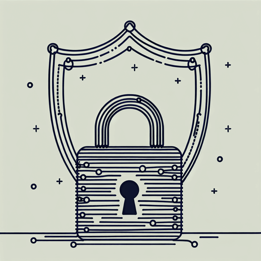 A padlock and shield depicted in a one-line drawing style.