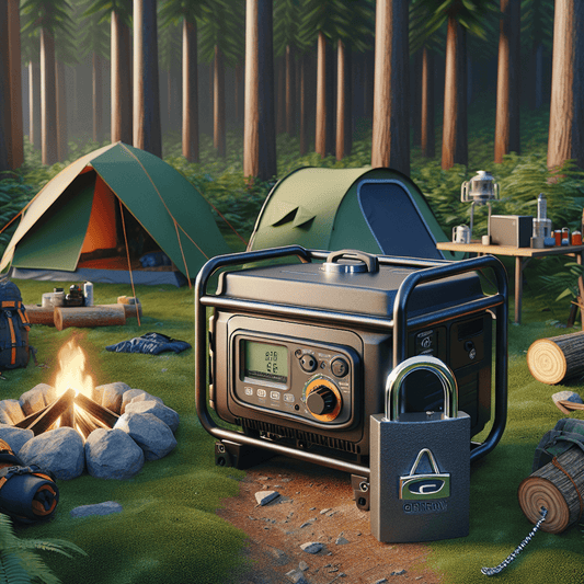 A 3D rendered image of a portable generator secured with a high-quality padlock, surrounded by lush green trees in a woodsy outdoor environment. The scene featu