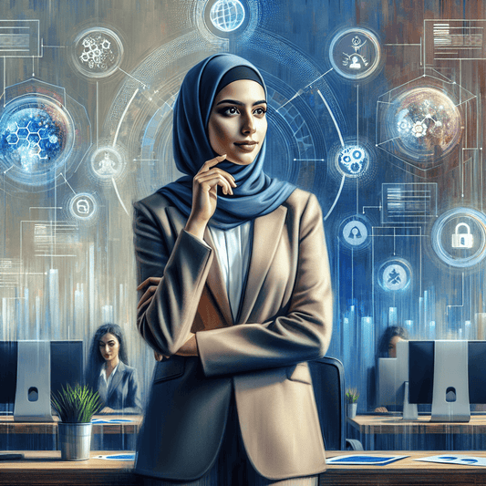 An oil painting of a confident Middle-Eastern female Chief Technology Officer (CTO) standing in a modern office, displaying a thoughtful expression that symboli