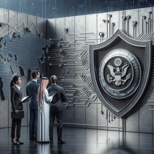 A diverse group of governmental officials inspecting a silver shield with advanced geometric designs, standing in front of a giant wall symbolizing national cyb