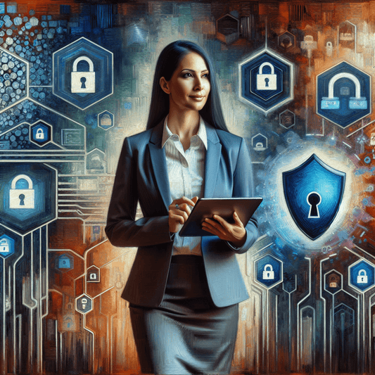 A confident South Asian female CISO stands tall in an oil painting, set against a vibrant digital landscape filled with cybersecurity symbols like padlocks and 