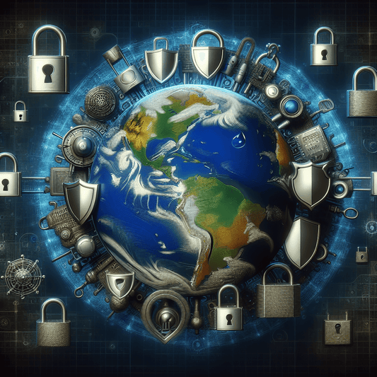 A globe surrounded by metallic locks and shields, symbolizing cybersecurity measures and privacy regulations worldwide.