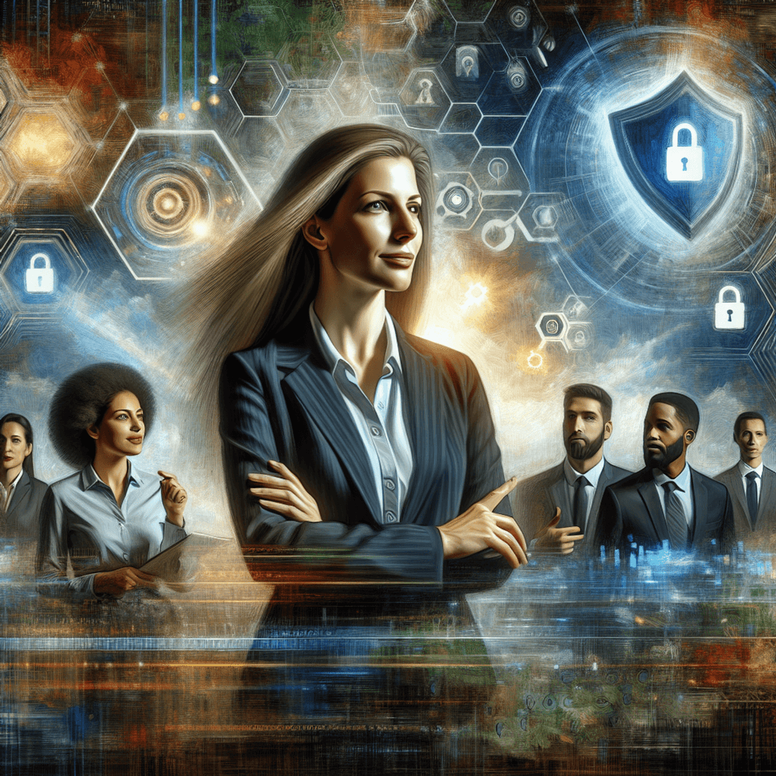 A confident Caucasian female Chief Information Security Officer stands in front of a vibrant digital landscape filled with abstract representations of cybersecu