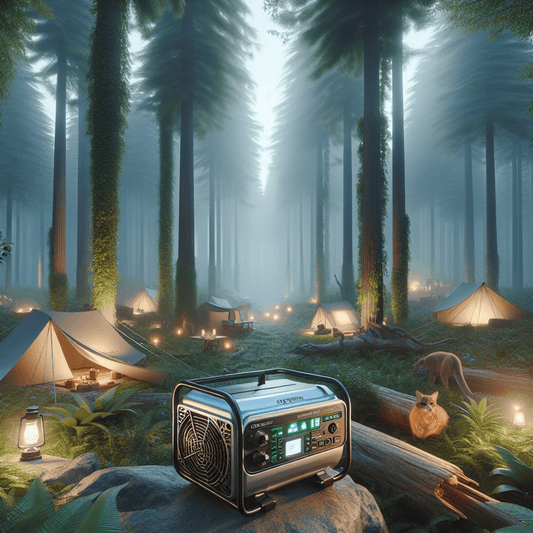 A three-dimensional rendering of a serene camping scene in a lush forest, featuring a sleek, modern portable generator operating silently amidst towering trees 