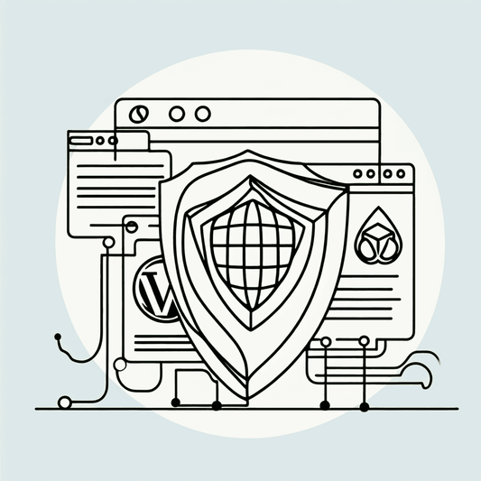 A continuous line drawing of a shield with digital imagery inside, symbolizing website security and protection. Symbols representing WordPress, Joomla, and Drup