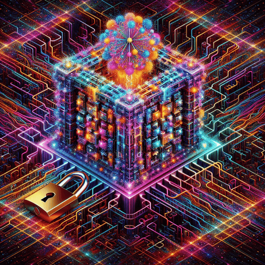 An image of a complex quantum computer surrounded by colorful qubits and quantum strands, with a large padlock symbolizing cybersecurity.