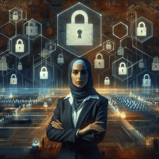 A confident Middle-Eastern female Chief Information Security Officer stands poised in front of a vibrant digital landscape, depicted in the style of an oil pain