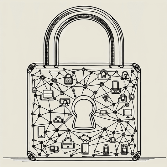 An intricate one-line drawing of a padlock with interconnected digital device symbols inside.