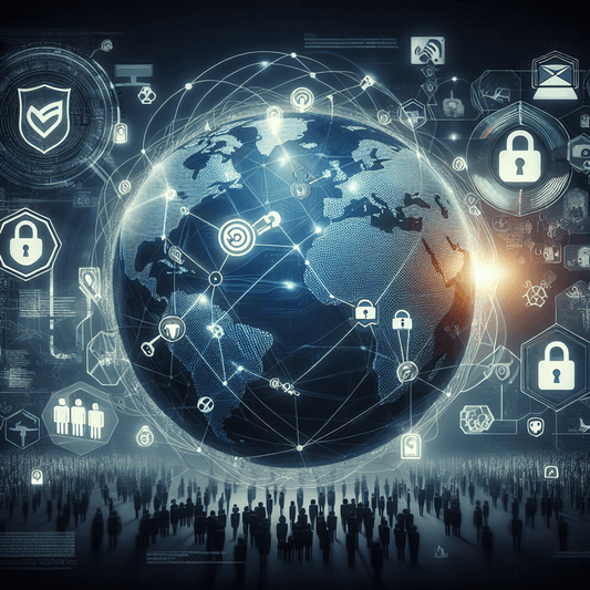 A global cybersecurity network image featuring locks, shields, encryption symbols, privacy regulations, and a geographical map.