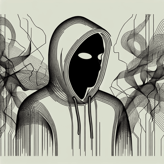 A person in a hoodie and mask surrounded by abstract intertwining lines.