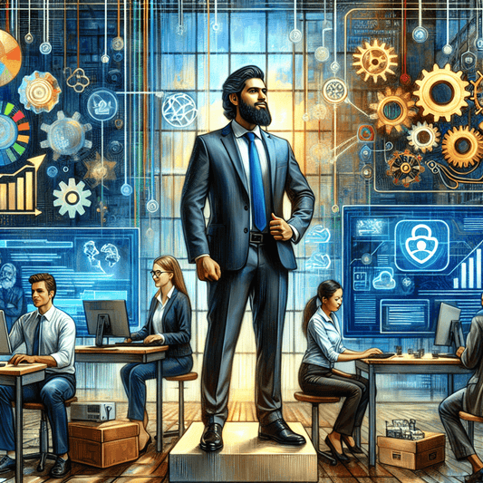 A confident Middle-Eastern male Chief Technology Officer (CTO) stands triumphantly in a modern office, surrounded by symbols of technology like computers, flowc