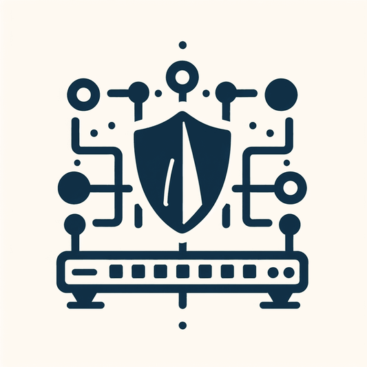 A minimalist-style illustration of a rectangular device with a shield icon in the center and an array of small, symmetric circles representing ports.