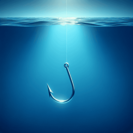 A metallic fishing hook submerged in clear blue water, symbolizing online scams and phishing.