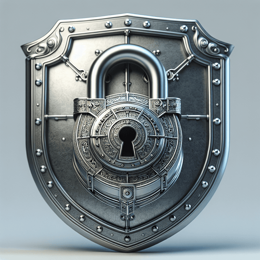 A metallic lock interlinked with a sturdy shield on a neutral background.