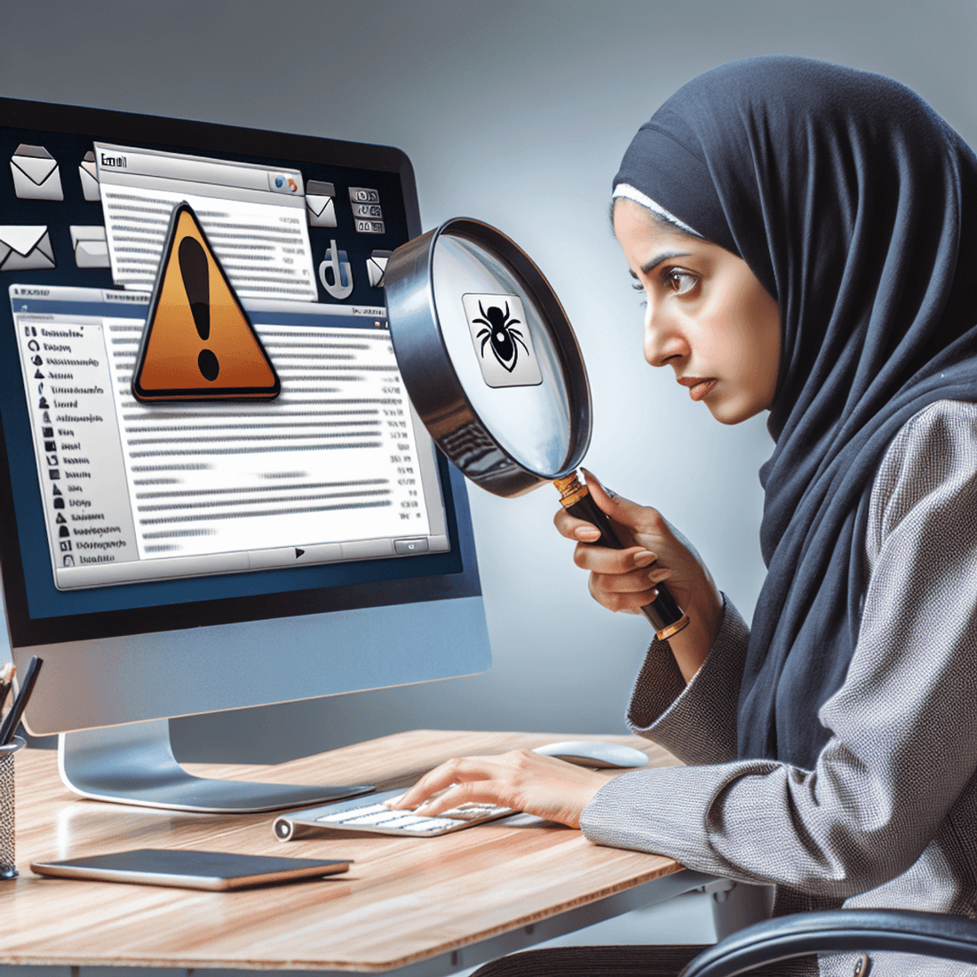 Middle-Eastern woman inspecting computer screen with magnifying glass. Email icon and warning symbol displayed.