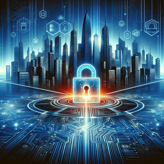 A futuristic cityscape with a glowing lock and key at its center.
