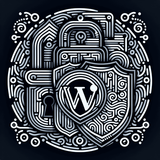 A line drawing of a padlock, shield, and circular logo representing website security and CMS protection.