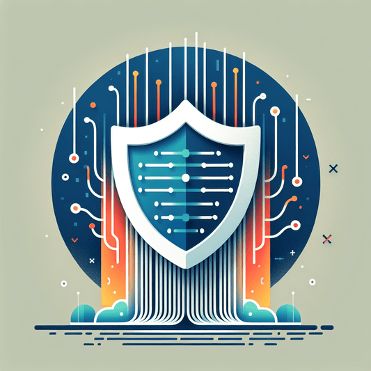 A minimalist image of a network firewall with flowing data streams and a shield symbol in front.