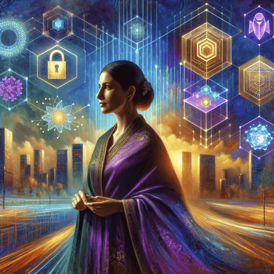 A visionary female CTO of South Asian descent stands confidently in front of a futuristic city skyline at dusk, embodying the blend of traditional and modern cu