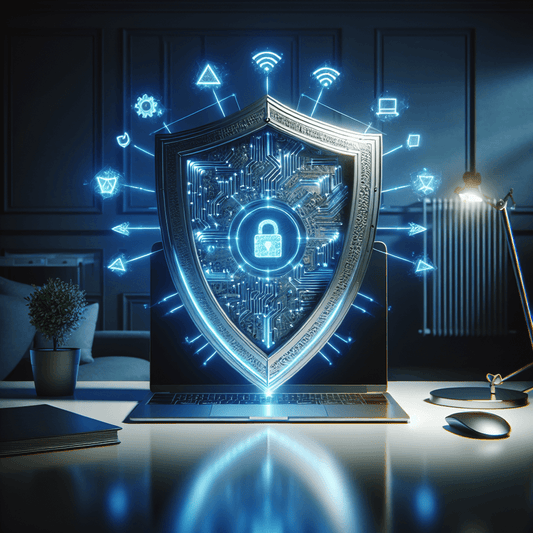 A metallic shield with intricate carvings and glowing blue codes envelops a sleek laptop on a pristine desk, symbolic representations of incoming threats failin