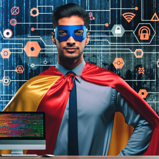 A confident individual of Hispanic descent wearing a colorful superhero cape stands in front of a computer monitor displaying vibrant abstract cybersecurity sym