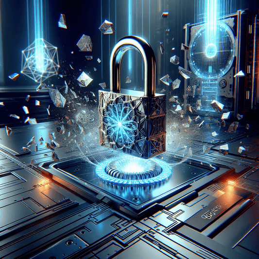 A futuristic digital art image depicts a shiny, metallic padlock with an intricate design being shattered by a quantum computer emitting rays of light.
