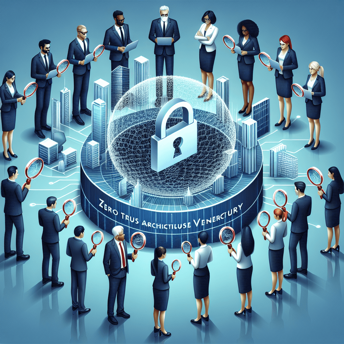 A diverse group of IT professionals holding magnifying glasses around a large firewall symbol, representing constant vigilance and the concept of Zero