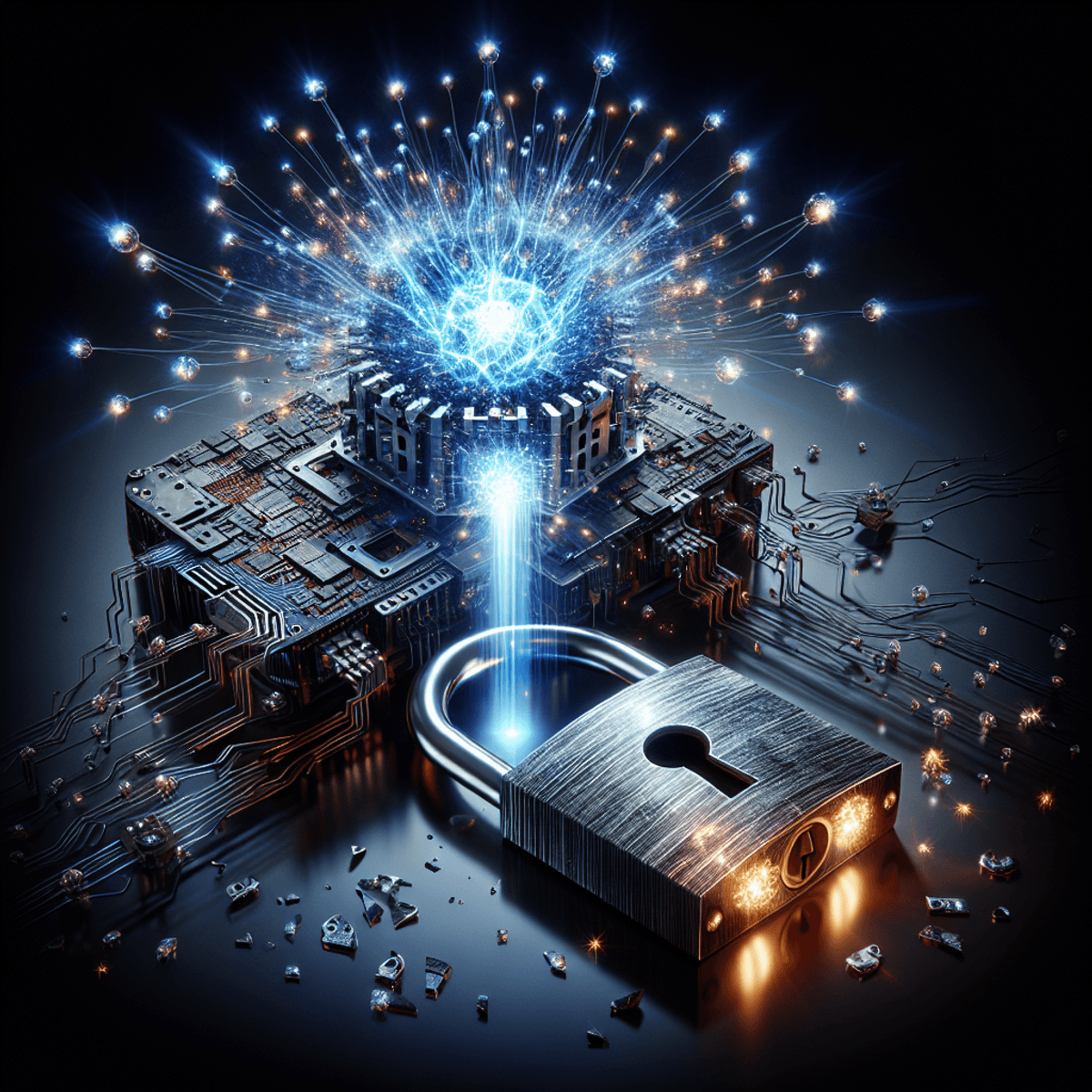 A futuristic quantum computer emits a pulsating beam of light, shattering an antiquated padlock into sparkling pieces.