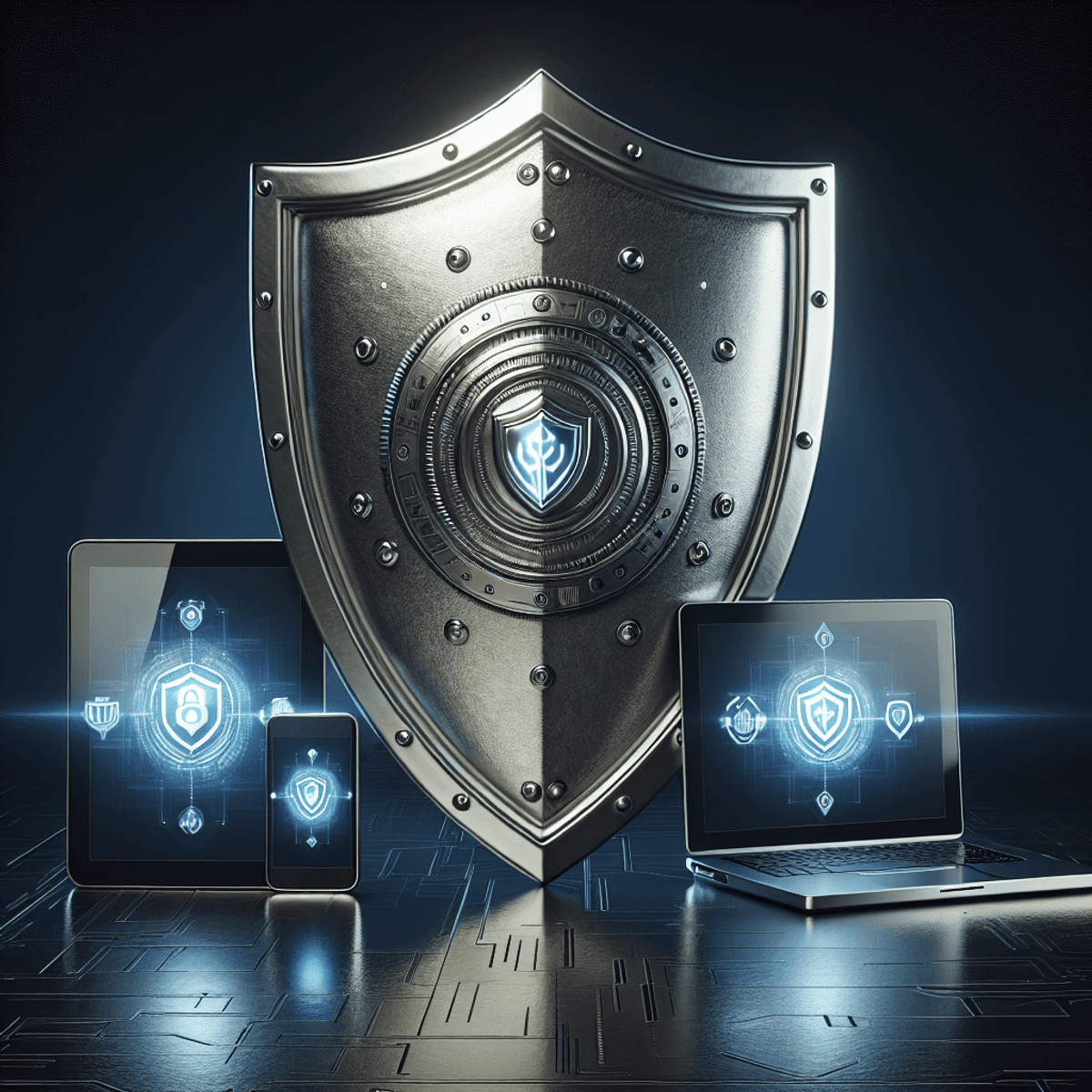 A metallic shield with symbolic designs protecting a smartphone, tablet, and laptop.