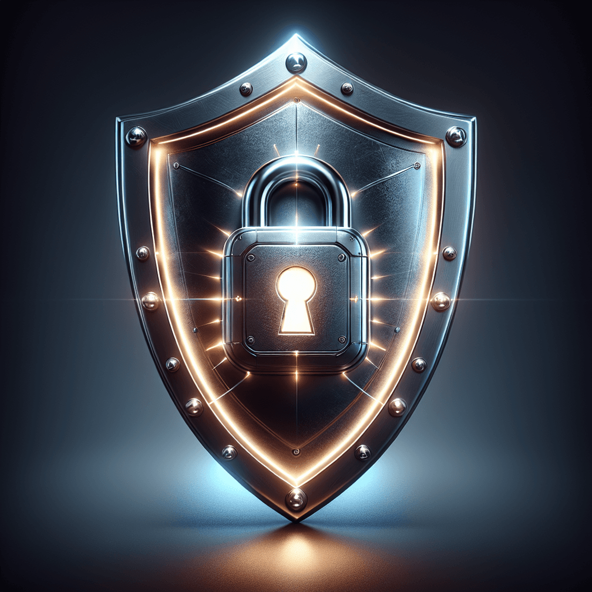 A robust metal shield with a large lock symbol radiating a glowing aura, emphasizing cybersecurity and protection for online content creators.